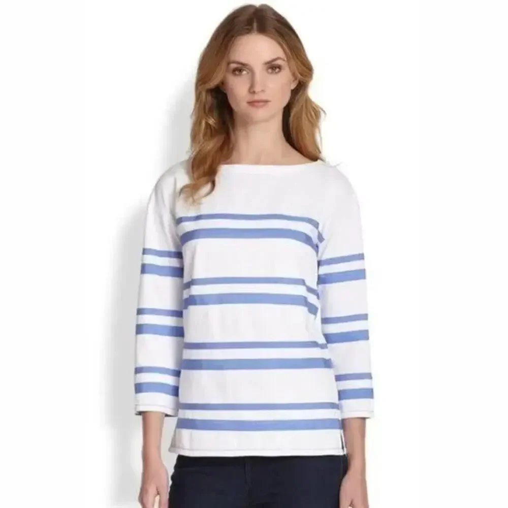 Tory Burch Kendall Blouse White Cotton Boatneck Blue Grosgrain Ribbon Stripe S